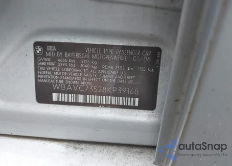 2008 BMW 328Xi Xi Sulev из США, поврежденный, VIN WBAVC73528KP39168